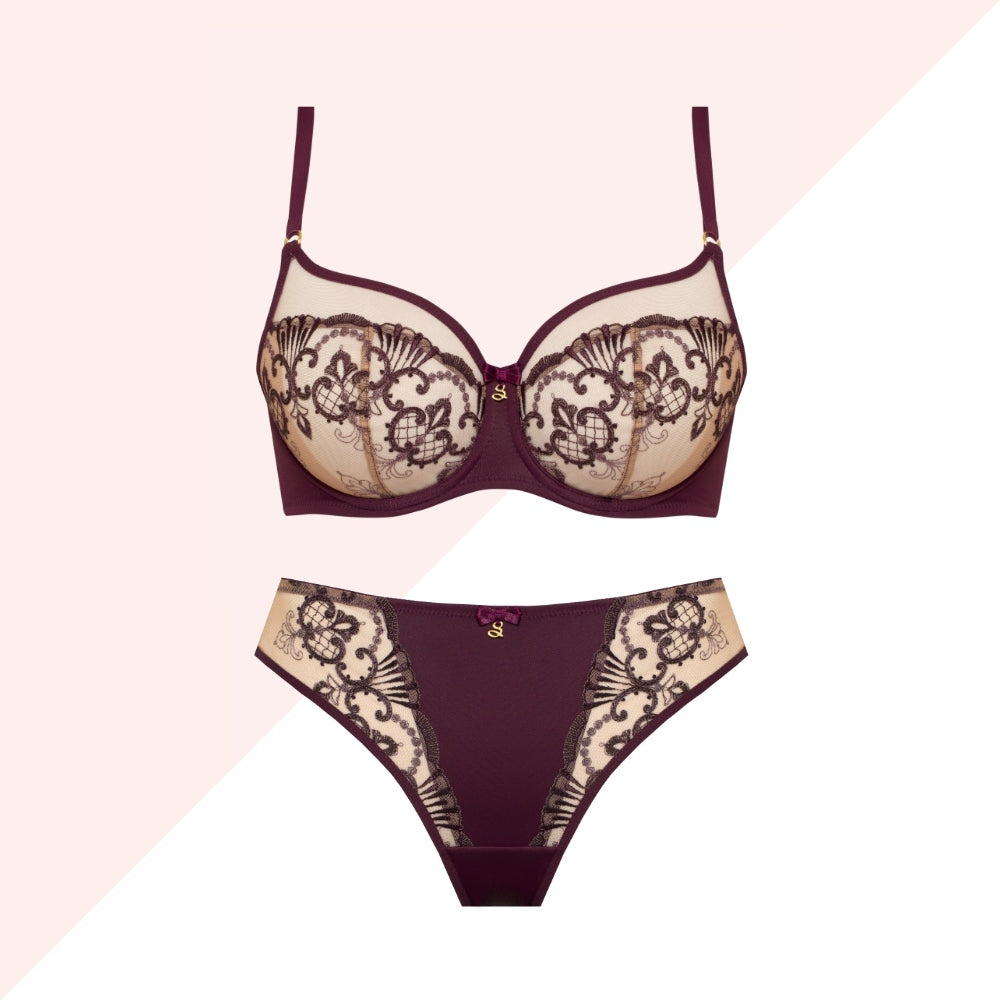 Samanta Perla Aubergine Sheer Mesh Tulle Embroidered Tanga Panty