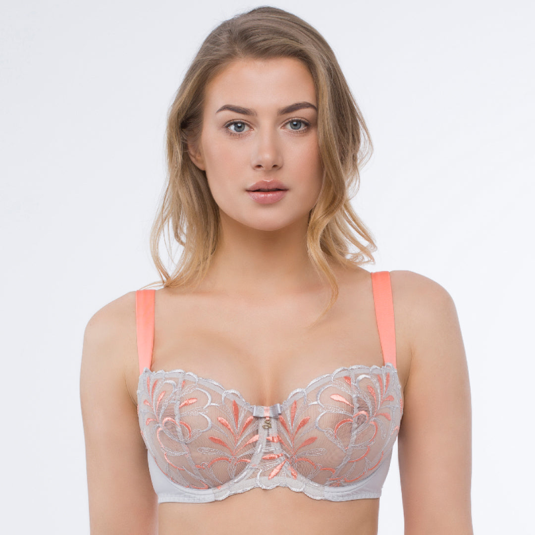 Samanta Sweet Gray Sheer Mesh Embroidered Balconette Bra