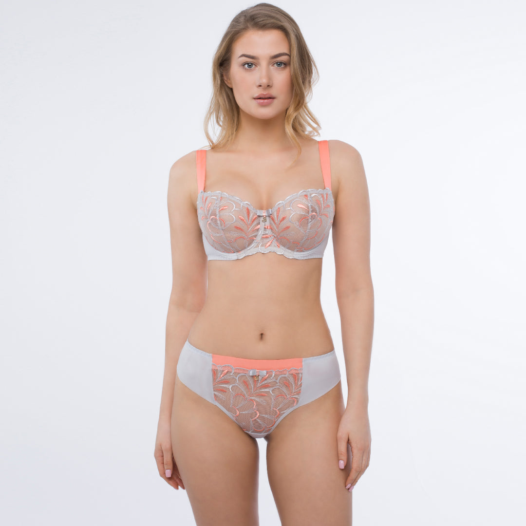 Samanta Sweet Gray Sheer Mesh Embroidered Balconette Bra