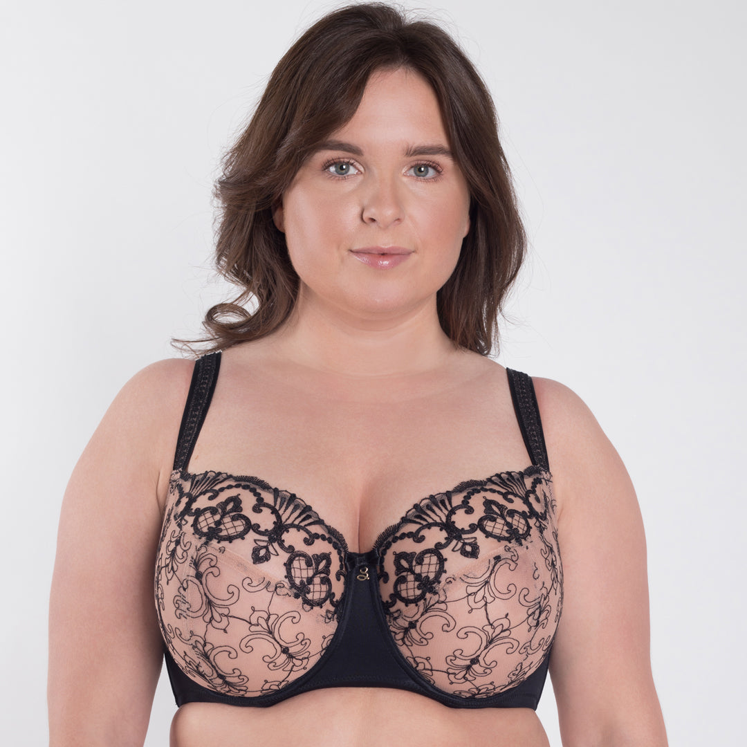 Samanta Perla Black Sheer Mesh Embroidered Full Figure Bra