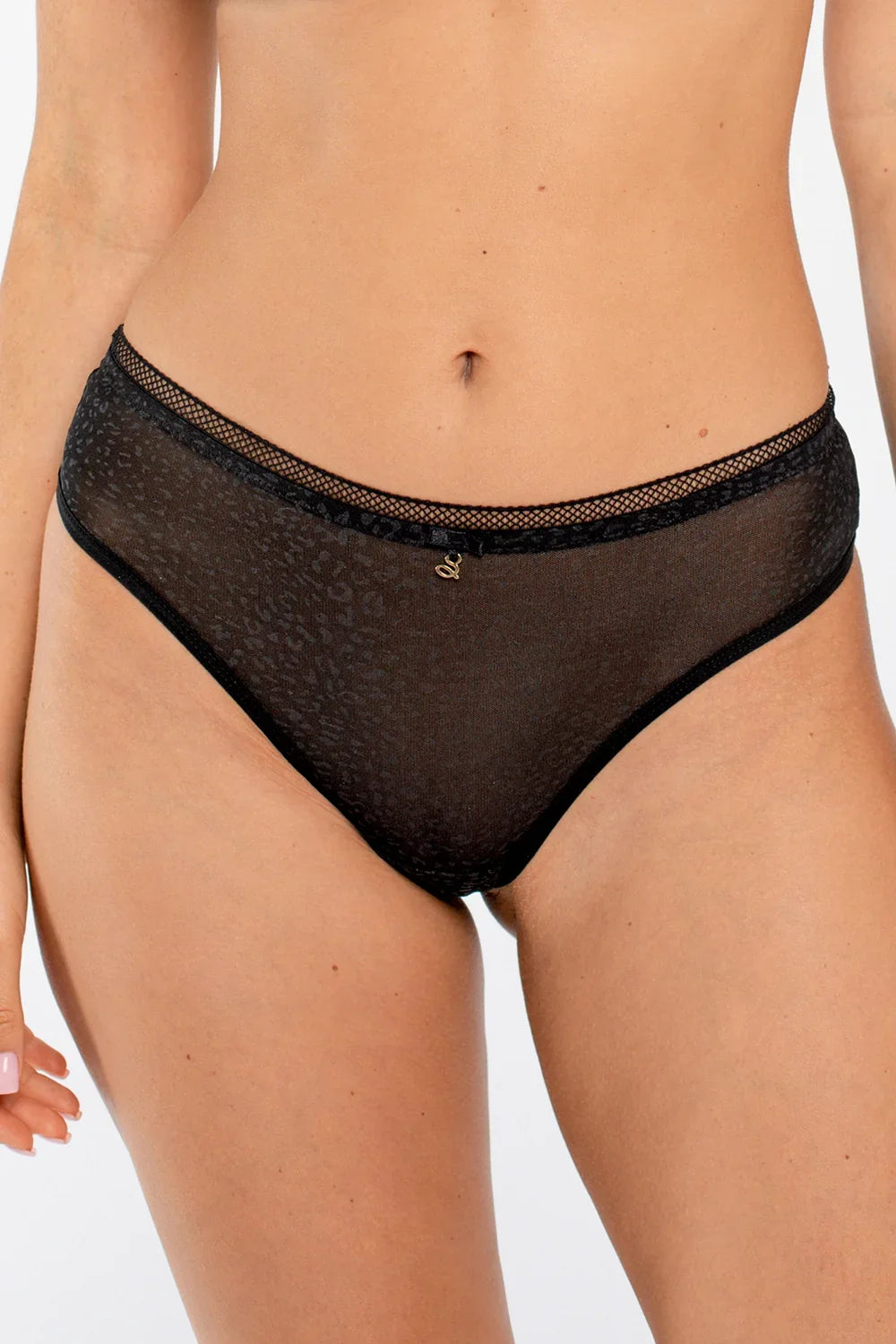 Samanta Leo Black Semi-Sheer Tulle Thong Panty