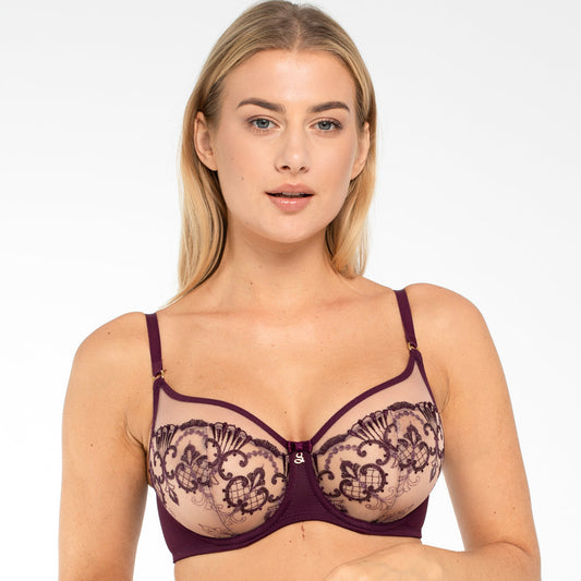 Samanta Perla Aubergine Sheer Mesh Embroidered Underwire Bra