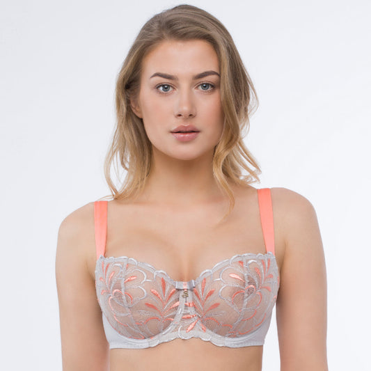 Samanta Sweet Gray Sheer Mesh Embroidered Balconette Bra