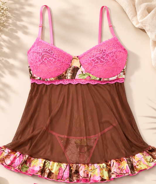 Women's Pink Camo Babydoll Lingerie Set - PinkWoods 2-Piece with Thong - Wilderness Dreams