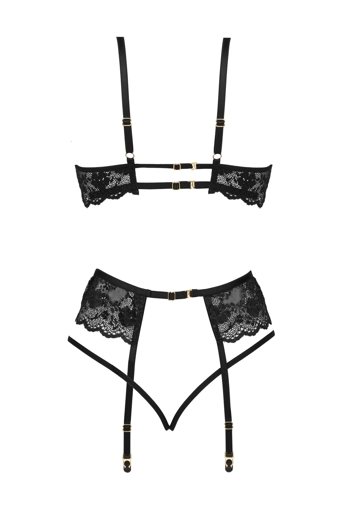 Beauty Night Rose Black Sheer Lace Plunge Bra Garter Belt & Sexy G-String