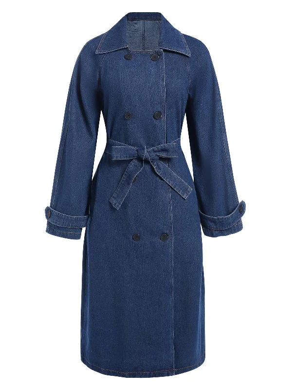 Blue 1950s Solid Lapel Double Breasted Belted Denim Coat