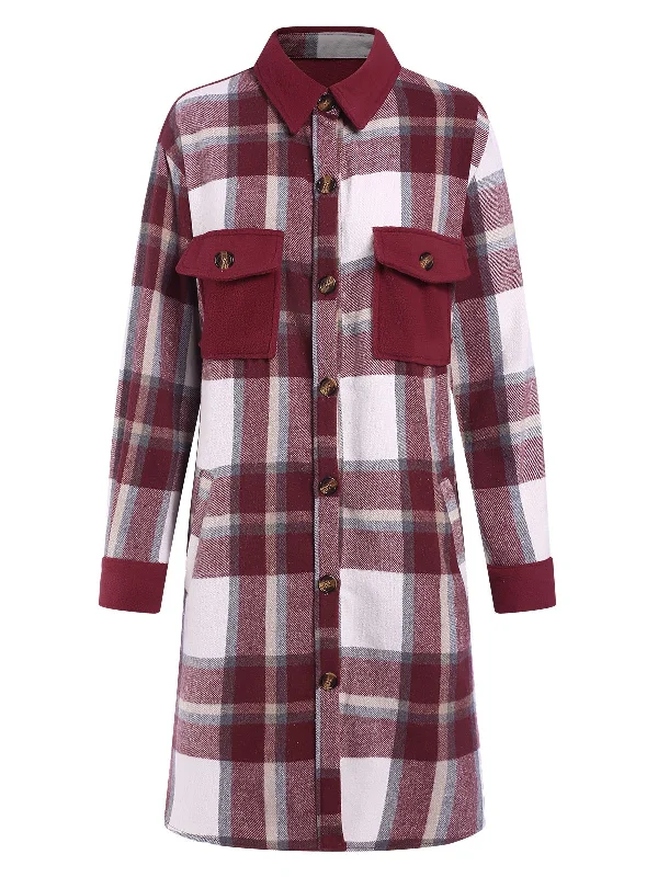 Wine Red 1950s Shirt Collar Tartan Plaid Coat