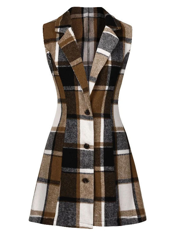 Multicolor 1970s Lapel Plaid Sleeveless Coat