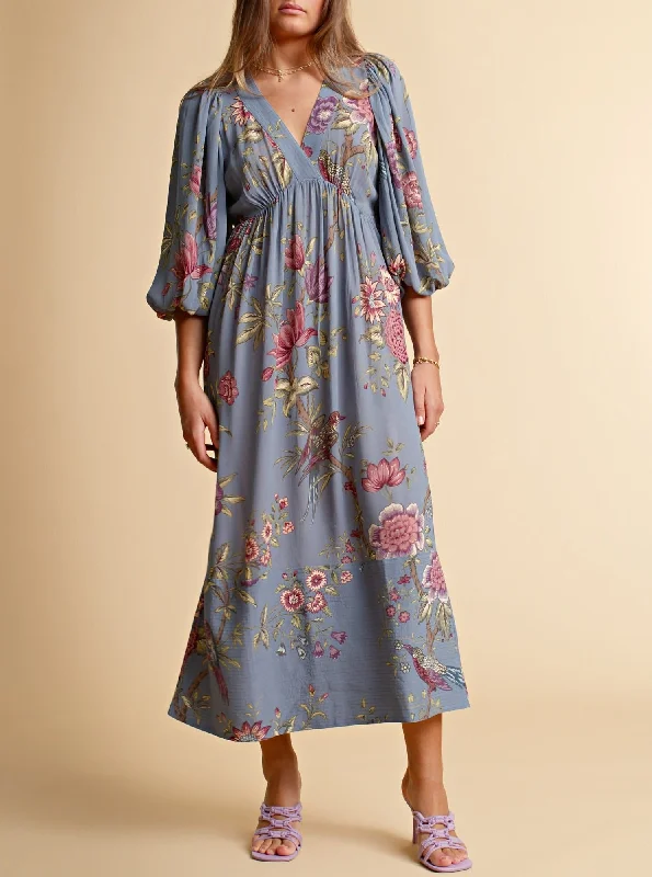 Drapy Georgette V-Neck Dress in Botanical