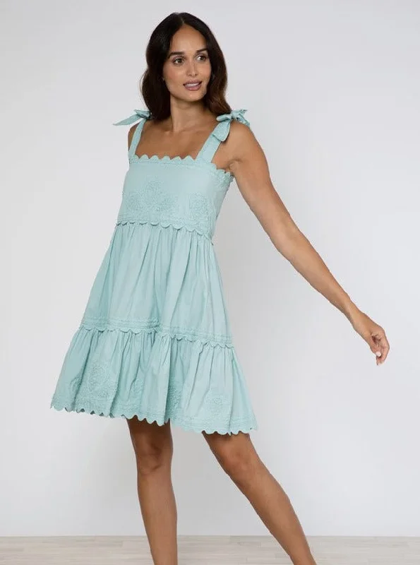 Sage Poplin Tie Shoulder Sundress w/ Ric Rac Embroidery