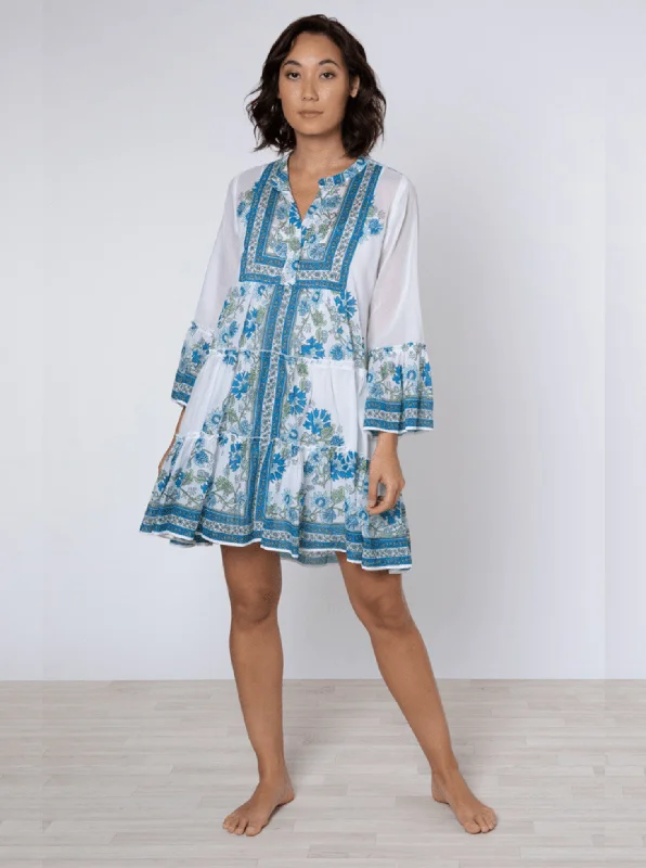 White / Blue / Aqua Flared Sleeve Dress w/ Rose Border Print