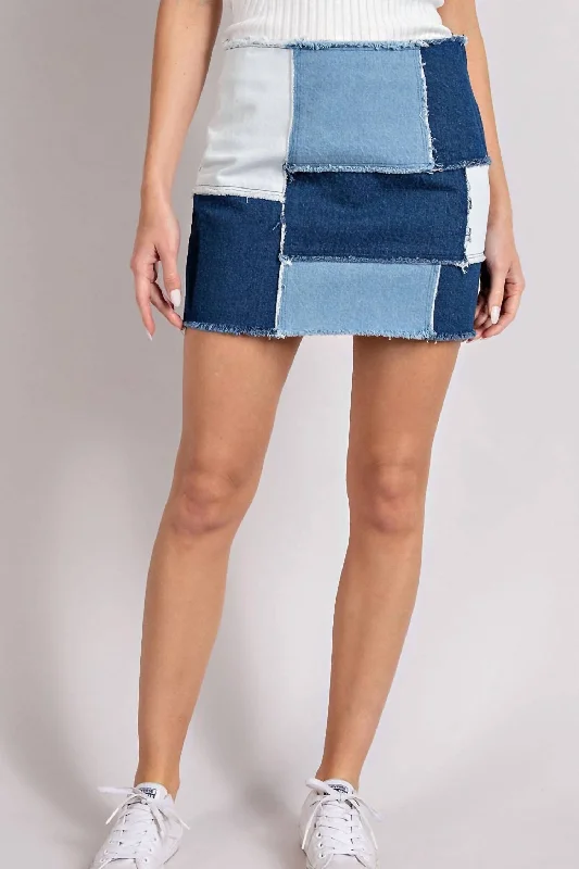 Retro Patchwork Color Block Mini Skirt In Mineral Washed Denim