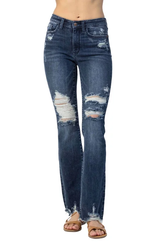 Mid Rise Contrast Destroy Slim Bootcut Jean In Blue