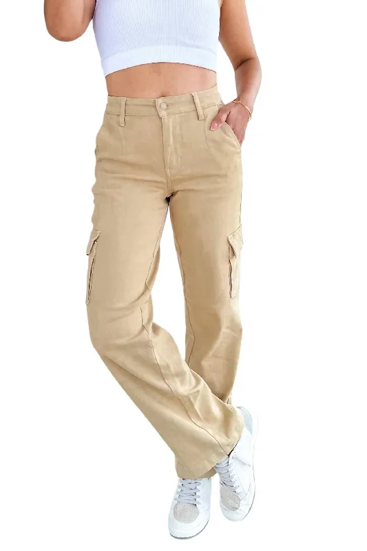 Mid Rise Garment Dyed Cargo Straight Jeans In Khaki