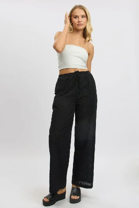 Black Wide Leg Pants High Rise Eyelet Fabric