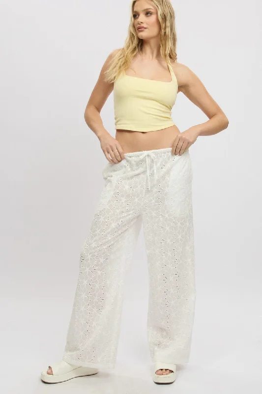 White Wide Leg Pants High Rise Eyelet Fabric