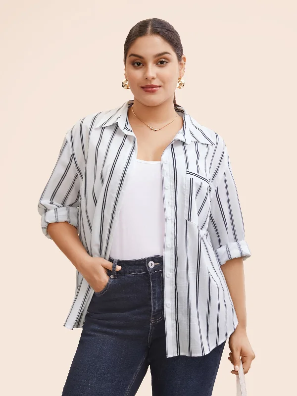 Shirt Collar Striped Patched Pocket Blouse